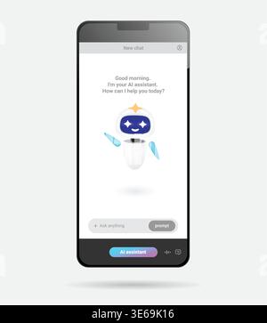 Modern smartphone screen displaying AI assistant chat interface with cute robot character, mobile application design concept for virtual help and mach Stock Vector
