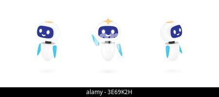 Cute 3D robot character set waving hand vector illustration. Friendly white AI chatbot mascot for technology, customer support, and artificial intelli Stock Vector