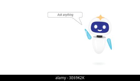 Friendly AI chatbot vector character with speech bubble saying Ask Anything. Virtual assistant robot concept for customer support, online help and sma Stock Vector