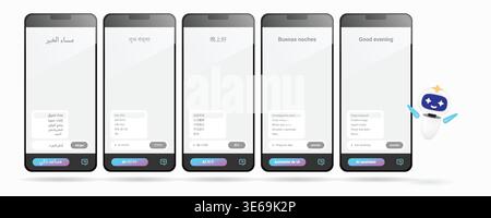 Multilingual AI personal assistant mobile app interface set displaying greetings in Arabic Hindi Chinese Spanish and English on smartphone screens wit Stock Vector