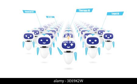 Vector illustration of AI agents army concept. Digital artificial intelligence bots network. Future technology workforce and automation system. Stock Vector