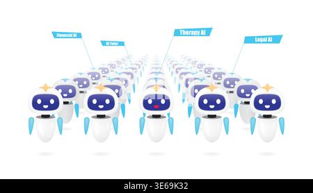 Cute robot army character concept. Group of identical white bots with blue screens standing in rows. Artificial intelligence team. Vector illustration Stock Vector