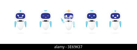 Cute robot character with heart. White bot with blue screen face showing love emotion. Artificial intelligence romance concept. Vector illustration. Stock Vector