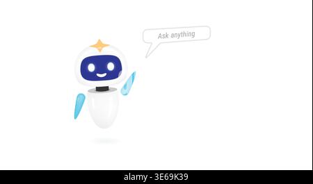 Friendly artificial intelligence chatbot vector character waving hand with speech bubble text ask anything suitable for customer support virtual assis Stock Vector