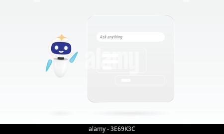 Cute robot character assistant waving hand next to chat window interface. Smart artificial intelligence technology for online customer support and con Stock Vector