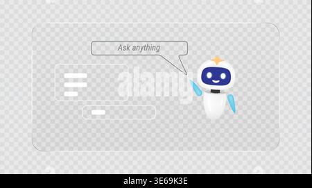 Cute 3d robot chatbot with speech bubble ask anything text and glass interface. Artificial intelligence virtual assistant for customer support. Future Stock Vector
