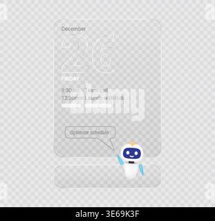 Smart glassmorphism calendar widget with cute ai robot assistant optimizing daily schedule and business agenda on transparent user interface vector il Stock Vector