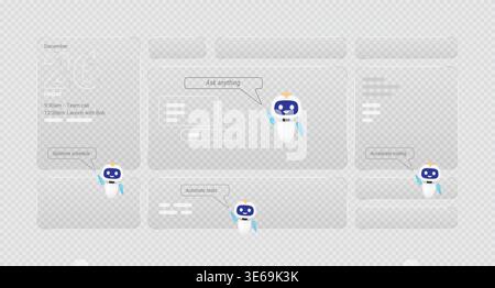 Future artificial intelligence chatbot assistant on glassmorphism user interface. Smart robot mascot helper for web automation and coding tasks. Digit Stock Vector