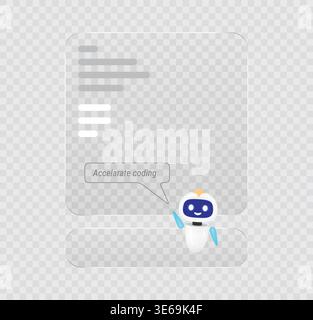 Futuristic artificial intelligence robot assistant accelerating coding workflow on glass interface. Smart technology character for software developmen Stock Vector