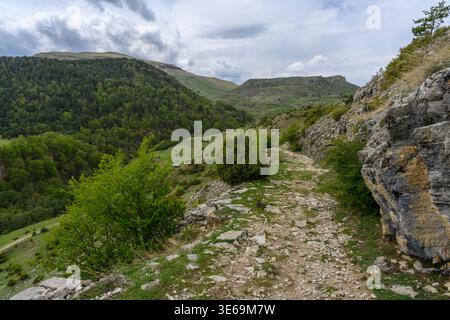 Scenic Mountain Trail A Rocky Path Through Lush Valley and Rolling Hills Stock Photo