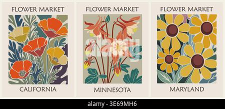 Set of Flower Market posters with USA state flower Stock Vector