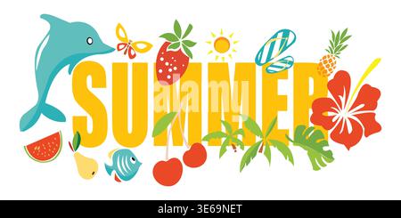 Summer Vector Illustration – Tropical Fruits, Flowers, Dolphin, and Beach Elements for Holiday and Vacation Design Stock Vector