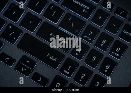 A person uses a keyboard with various keys visible. The keys include letters, numbers, and symbols. The keyboard is dark in color. Stock Photo