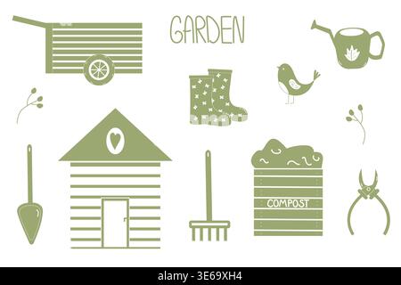 set of vector illustrations on a garden theme in flat minimalist style in a green color palette. Stock Vector