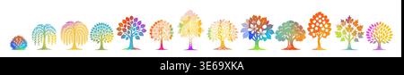 colored fruit tree cartoon set. A set of different trees. Hand drawn. Not AI, vector illustration. Stock Vector