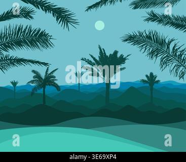 Landscape of mountains and palm trees. hand drawing. Not AI Vector Stock Vector