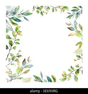 square frame with watercolor twigs and green leaves. Summer or spring postcard. Hand drawn. Not AI, vector illustration. Stock Vector