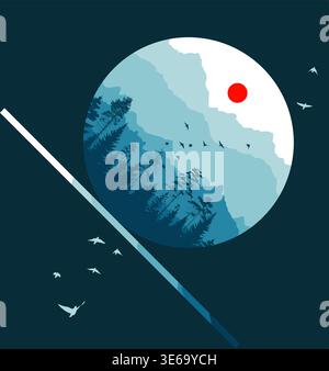 Unusual abstraction Panorama in a circle of mountain trees and red sun. Hand drawn. Not AI, vector illustration. Stock Vector