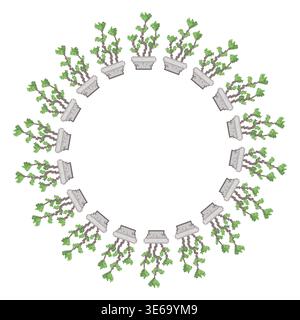 Pixel art circular arrangement of potted plants with green leafy stems, evenly spaced in radial symmetry, retro video game-inspired decorative design Stock Vector
