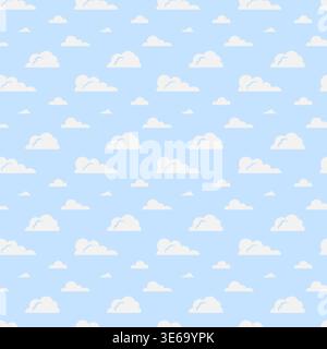 Repeating pattern of white cartoon-style clouds on a light blue background, seamless playful sky-themed design evoking calm airy atmosphere, perfect f Stock Vector