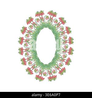 Hand drawn line art canary islands flowers parrot beaks wreath. Card template with cute floral frame. Stock Vector