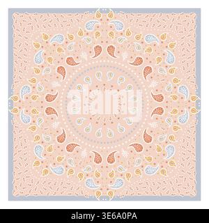 Pastel beige scarf or bandana design with paisley mandala pattern. Ethnic pink carpet design. Stock Vector