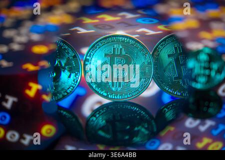 Brussels, Belgium. 05th Apr, 2026. Physical Bitcoin (BTC) cryptocurrency coins are seen in this photo illustration, as Bitcoin prices fluctuate amid renewed institutional demand, with spot Bitcoin ETFs recording fresh inflows after months of outflows. Taken in Brussels, Belgium, on 5 April 2026. (Jonathan Raa/Sipa USA) *** Strictly for editorial news purposes only *** Credit: Sipa USA/Ģ����ý Live News Stock Photo