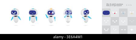 Modern robot character constructor kit with varied expressions. Cute futuristic chatbot mascot vector set for technology and customer service. Stock Vector