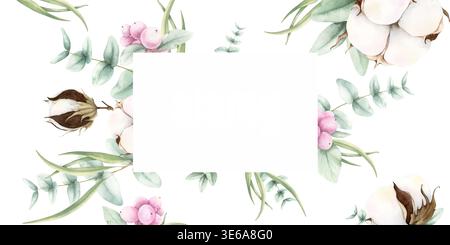Watercolor cotton, eucalyptus and snowberries composition. Frame with copy space. Hand drawn botanical illustration isolated on white. Painting for we Stock Photo