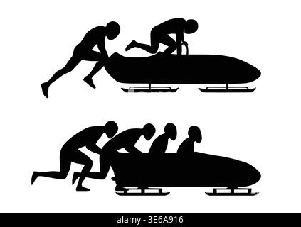 Bobsleigh silhouette set, bobsled team pushing sled winter sport vector isolated on white background Stock Vector