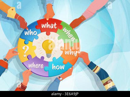 Teamwork problem solving concept with who what when where why how puzzle collaboration Stock Vector