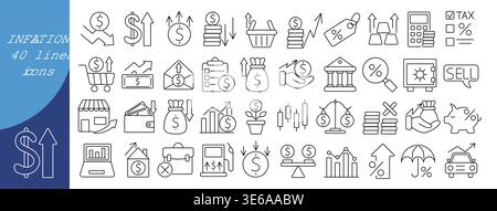 Large icon group, inflation sign set. Profit, loss, purchasing power, successful and unsuccessful investments. Vector illustration Stock Vector