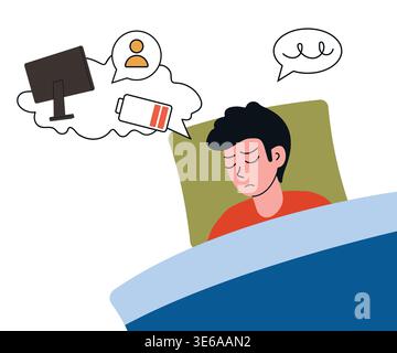 Stressed young man sleeps in bed but thinks about work. Doodle vector illustration for burnout, insomnia, and work-life balance Stock Vector