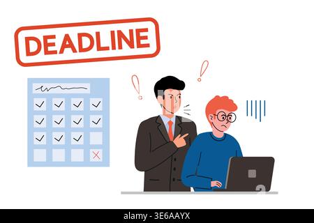 Strict boss reminds employee with laptop about deadline. Schedule on wall with marked date. Doodle vector illustration Stock Vector