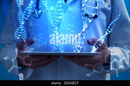 Scientist holding tablet computer in laboratory, closeup. Skeletal formulas and DNA strands. Biochemistry research Stock Photo