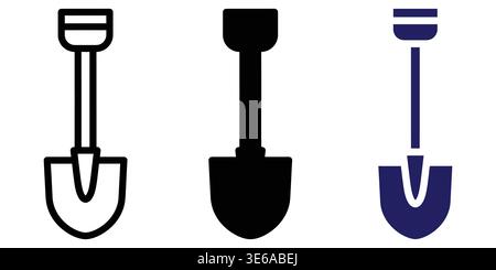 Three variations of shovel designs with different handle and head styles shown in black and blue Vector Camping Icons Stock Vector