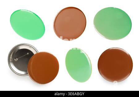 Many green and brown button badges isolated on white, set Stock Photo
