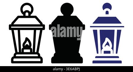 Three stylized lanterns with varying designs and colors depicted in silhouette form Vector Camping Icons Stock Vector
