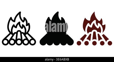 Three different illustrations of campfires with varying flame and log styles Vector Camping Icons Stock Vector