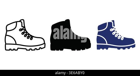 Three distinct styles of hiking boots displayed side by side in a minimalist design Vector Camping Icons Stock Vector