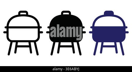 Three stylized illustrations of barbecue grills in different color schemes Vector Camping Icons Stock Vector