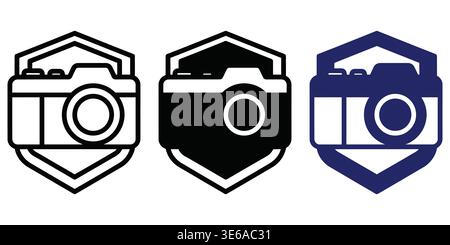Three distinct camera-themed shield icons in varying color schemes Vector Camping Icons Stock Vector