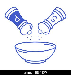 Salt and pepper shakers over bowl in blue line art style. Hand drawn icon of Cooking process. Outline vector isolated illustration. Stock Vector