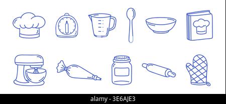 Baking utensils set of isolated outline illustrations. Blue line vector icons on white background.  Stock Vector