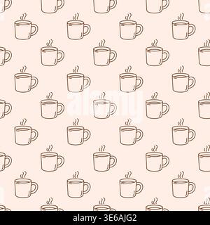 Seamless pattern with hot mugs on beige background. Minimal brown outline vector print Stock Vector