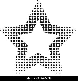 Star frame with halftoned borders. Starry shape with dotty, noisy or pixelated faded texture isolated on black background. Decorative design element. Vector graphic illustration. Stock Vector