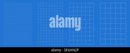Blueprint grid set dashed node geometry, four scale variations. Wide medium dense micro spacing comparison, engineering layouts dashboards notebook pages interface planning systems technology graphics Stock Vector