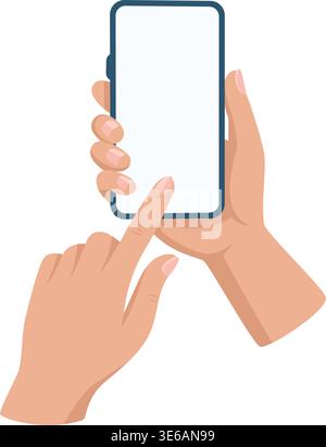 Hands Holding Smartphone with Finger Touching Screen, Vector Illustration. Mobile Phone UI Gesture. Touchscreen Interaction Concept. App Interface Stock Vector