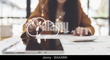 Technology concept. Business woman using cloud application on digital tablet Stock Photo