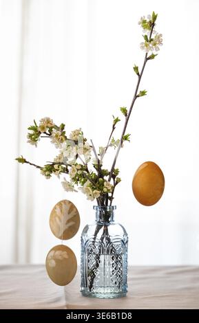 Blown out Easter eggs hang from blossoming branches that stand in a light blue vase against a light background Stock Photo